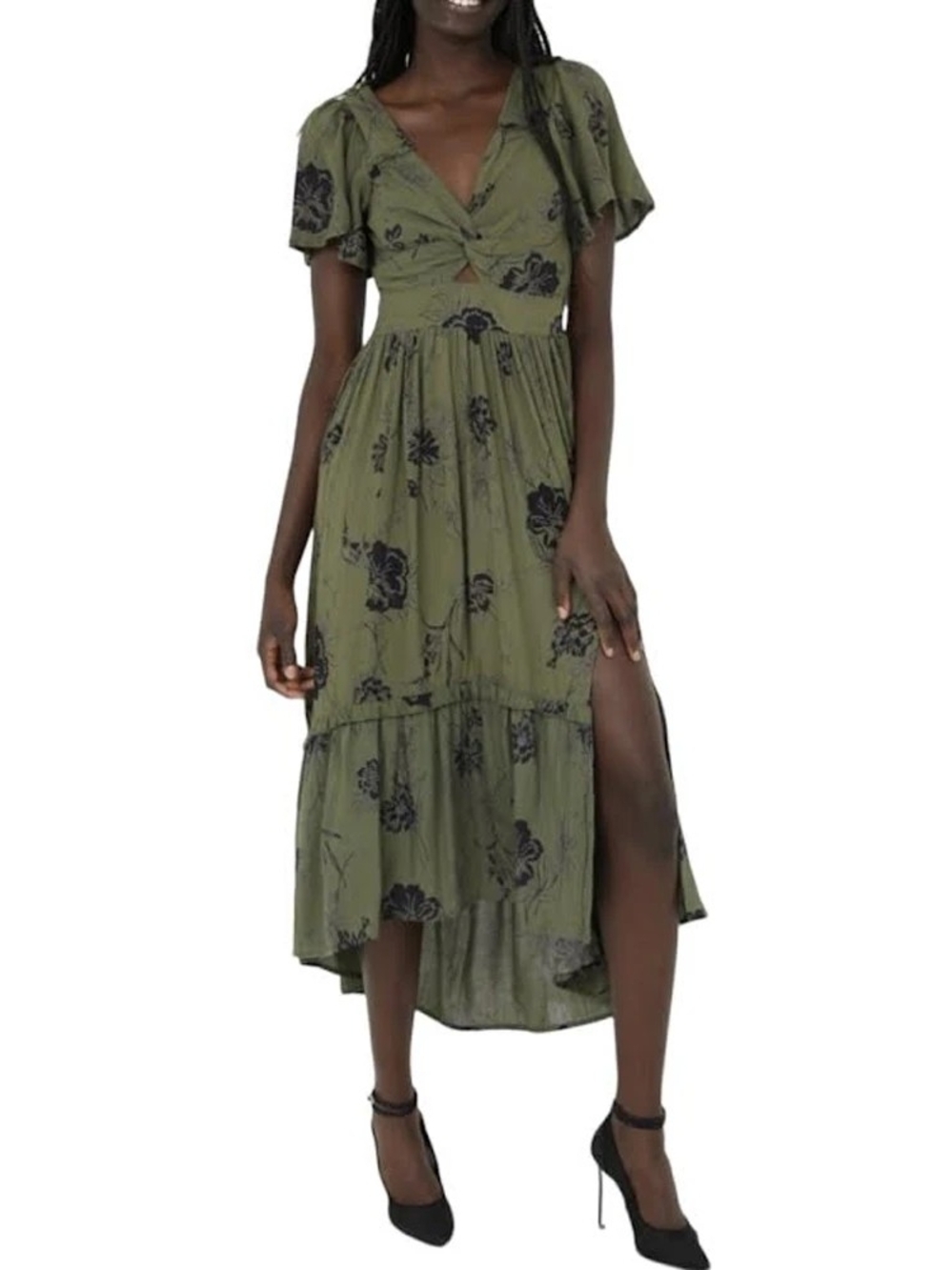 Angie Olive High-Low Twist-Front Floral Midi Dress